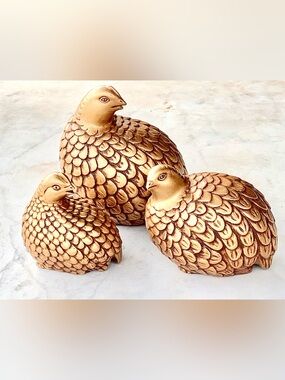 ARNELS Decorative Golden Quail Sculpture CERAMIC Set of 3 VINTAGE 70’s Home Art